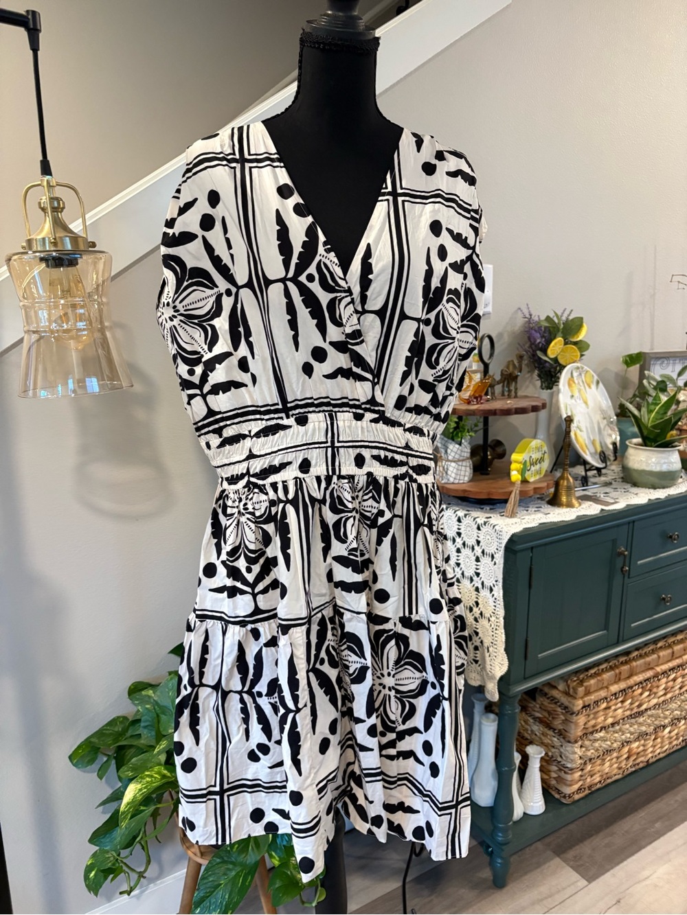 H&M Black and White Printed Midi Wrap Dress
